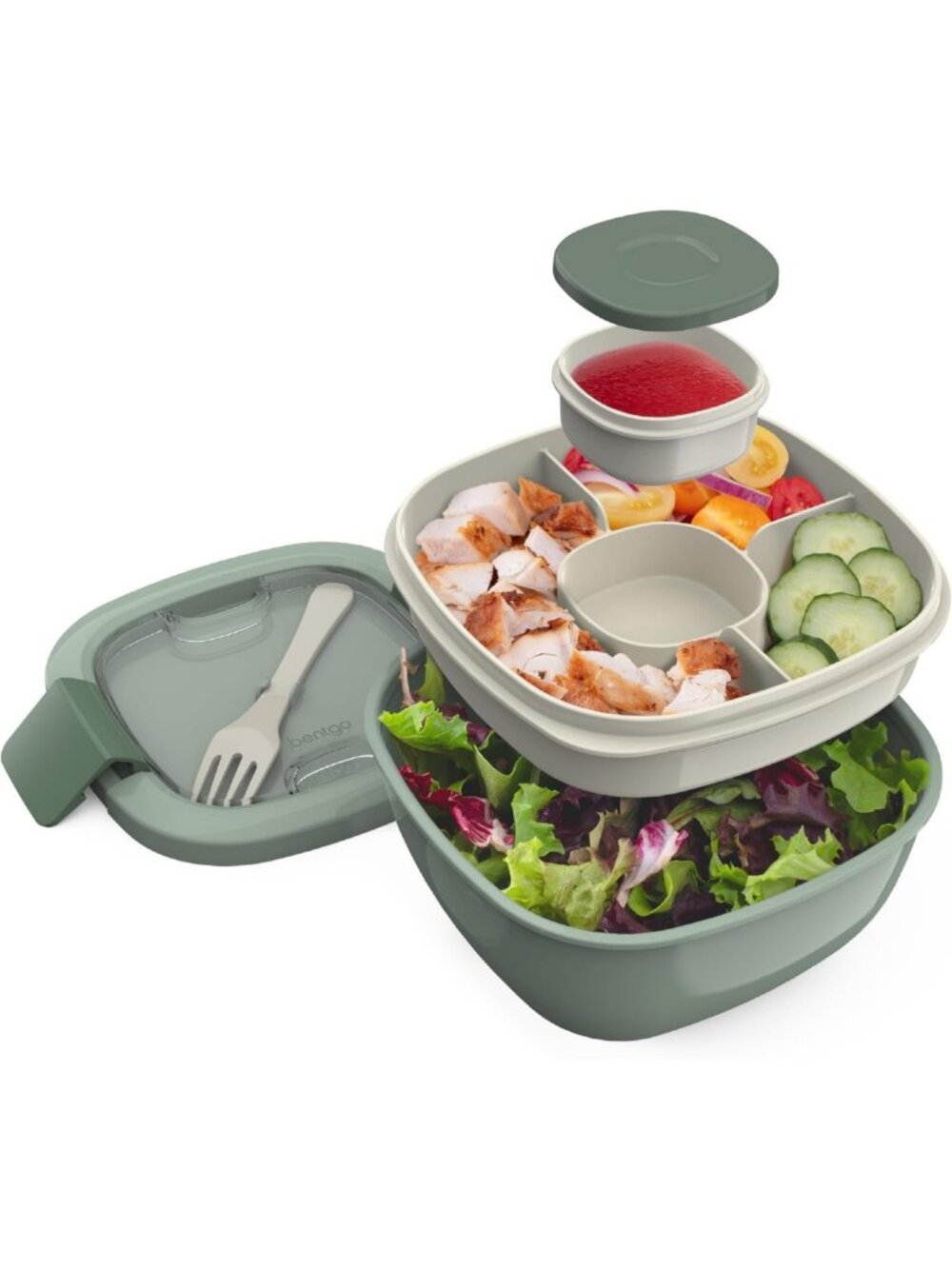 54 oz Salad Bowl with 4-Compartment Tray, Leak-Proof Dressing Container & Fork